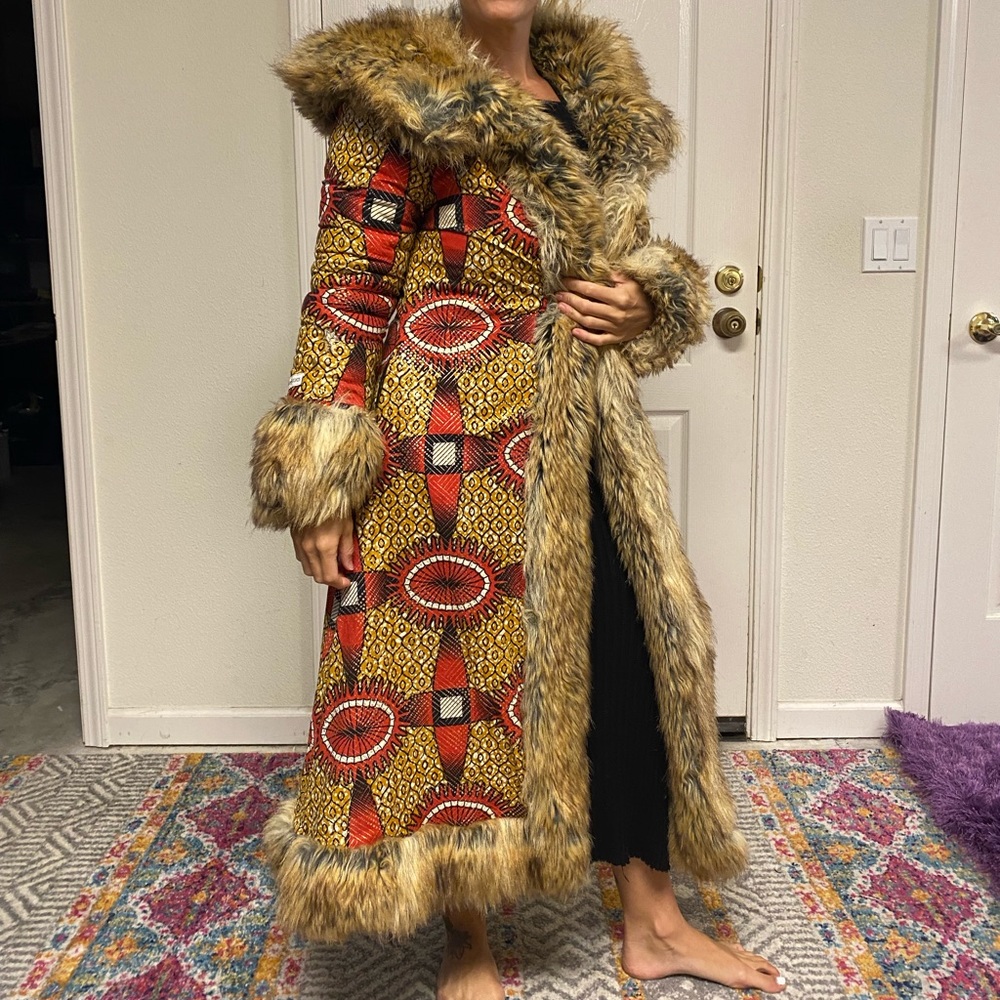 Boho Designer Full Length Fur Coat Red and Gold Burning Man Festival Rave